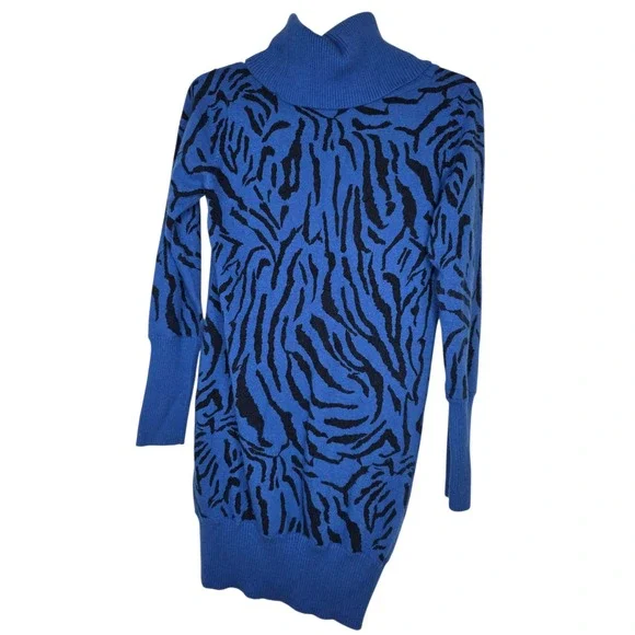 Red Animal Print Knit Turtleneck Sweater Dress Blue Black Casual Cozy - Picture 9 of 10
